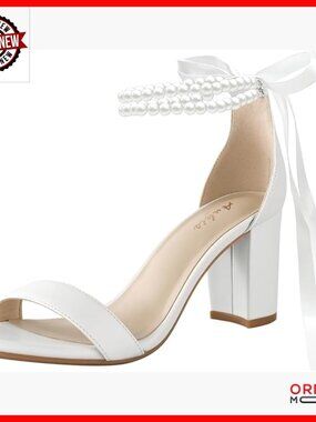 White Pearl Bow Heeled Sandals 2.75 Inch Chunky Heels Wedding Shoes